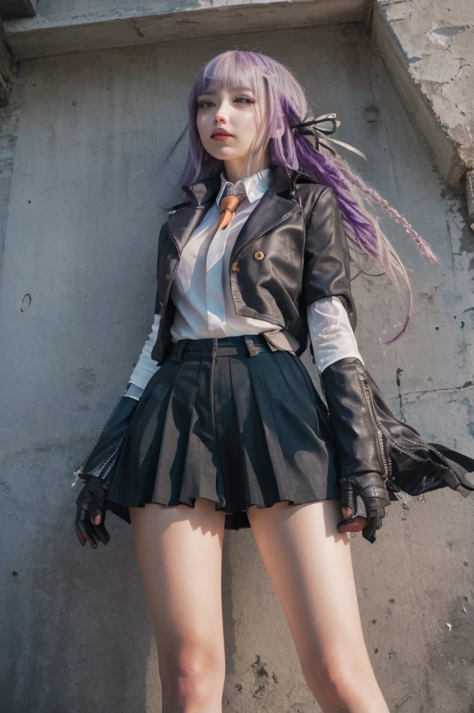 photo realistic, masterpiece, realistic, high contrast, hyper detailed, best quality, ultra high res, photo realistic, high resolution, detailed, raw photo, kirigiri kyoko, Long hair, Purple hair, Side braid, Blunt bangs, Hair Ribbon, a black ribbon, High collar, Brown tie, black motorcycle jacket, Long sleeves, Black Gloves, Black mini skirt, Pleated skirt, Black long boots, Full Shot, Danganronpa \(Series\), Street, Full Shot, Looking at Viewer, White shirt, woman, (((from below))), busy city, foreshortening, (seductive pose), looking at viewer, mad, (eye contact), japanese girl,