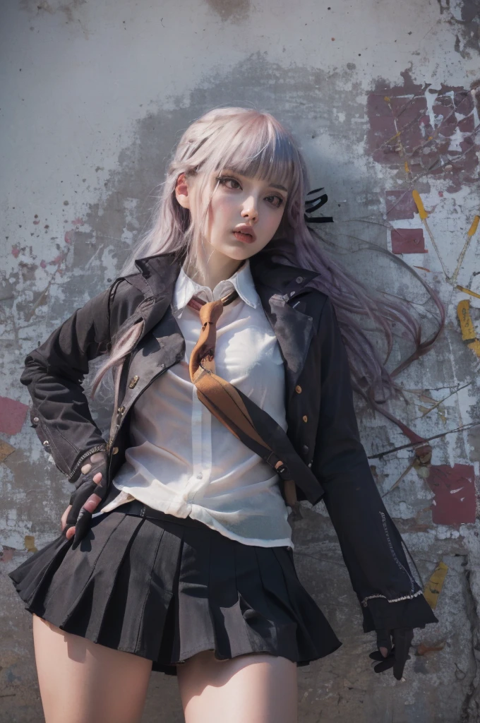 photo realistic, masterpiece, realistic, high contrast, hyper detailed, best quality, ultra high res, photo realistic, high resolution, detailed, raw photo, kirigiri kyoko, Long hair, Purple hair, Side braid, Blunt bangs, Hair Ribbon, a black ribbon, High collar, Brown tie, black motorcycle jacket, Long sleeves, Black Gloves, Black mini skirt, Pleated skirt, Black long boots, Full Shot, Danganronpa \(Series\), Street, Full Shot, Looking at Viewer, White shirt, woman, (((from below))), busy city, foreshortening, (seductive pose), looking at viewer, mad, (eye contact), japanese girl,