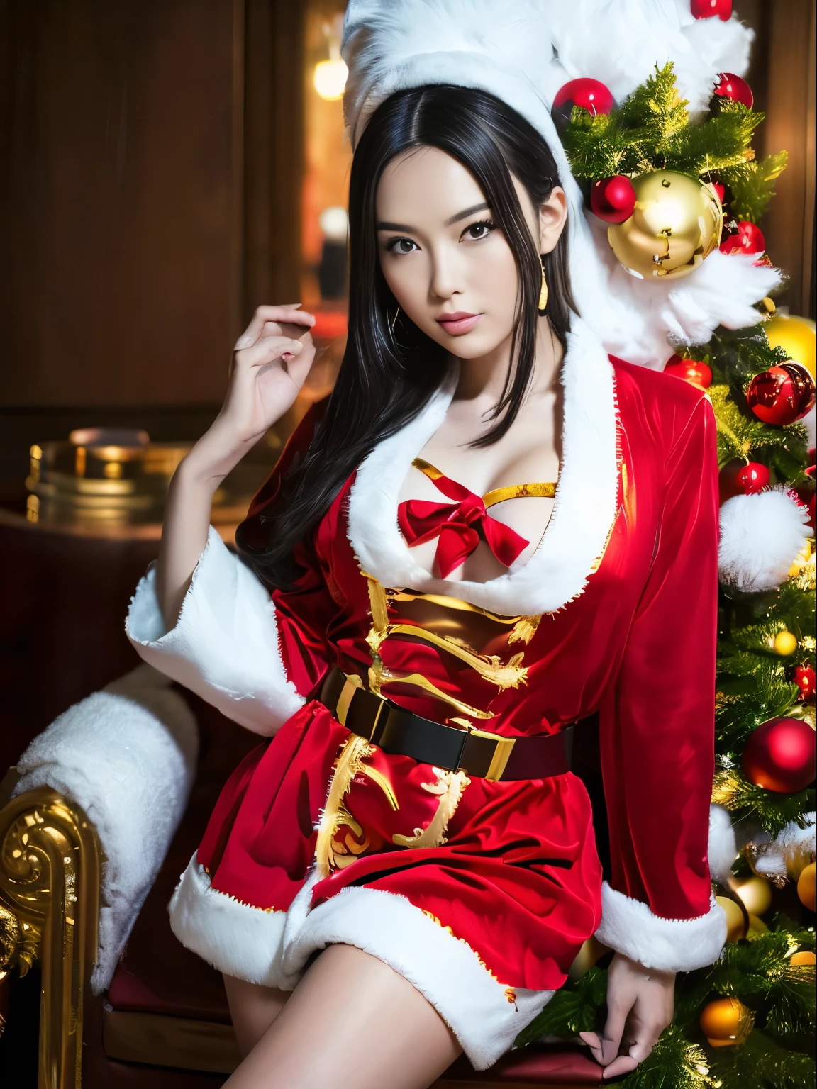 ((Beautuful Women)),(red and gold santa claus costume:1.5),Christmas tree,Black hair,Photorealsitic,surrealism, F/1.2, 35 mm, Fuji Film, 8K, Super Detail, nffsw, masutepiece, ccurate, Anatomically correct, Textured skin, Super Detail, high details, High quality, Best Quality, hight resolution