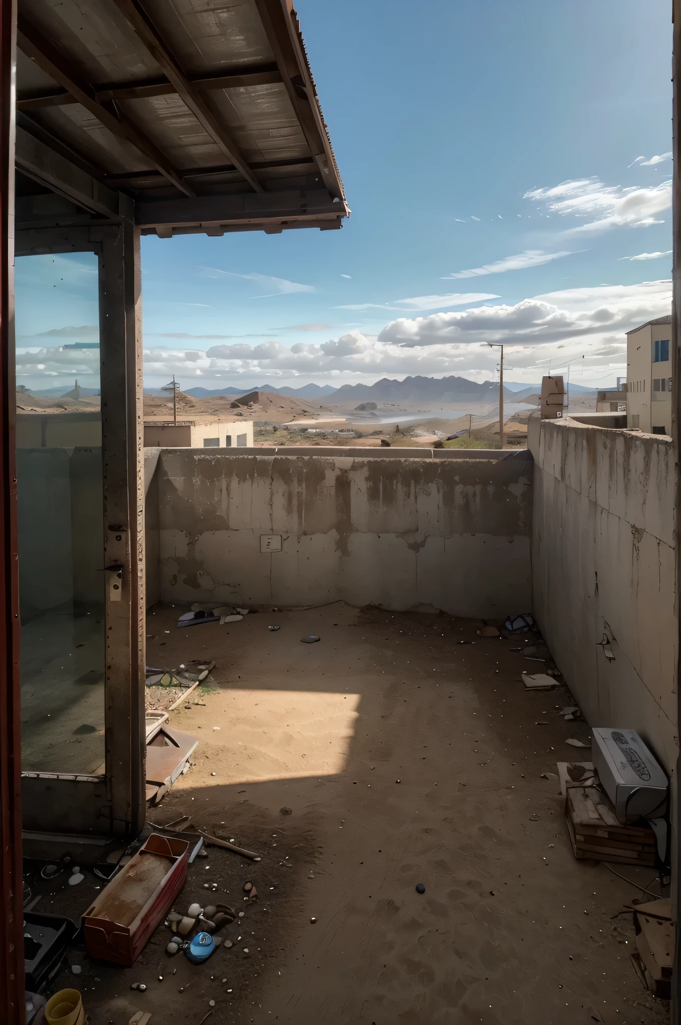 (8k),(master part),Absurdo, alto, ultra-detalhado, (1girl:1.3),, quebrar, lowkey lighting, atmosfera sombria, sombras escuras, Destaques sutis, Aura misteriosa, quebrar, panoramic photo, Perspectivas Grande Angular, breathtaking landscapes, vistas deslumbrantes, cenas expansivas, profundidade visual, Breathtaking perspectives, (post apocalyptic wasteland), (Desfiladeiro da Rocha Vermelha), Vista de um barraco de madeira, ((View from a warehouse window)), em primeiro plano, Ammunition boxes and tank cartridges;