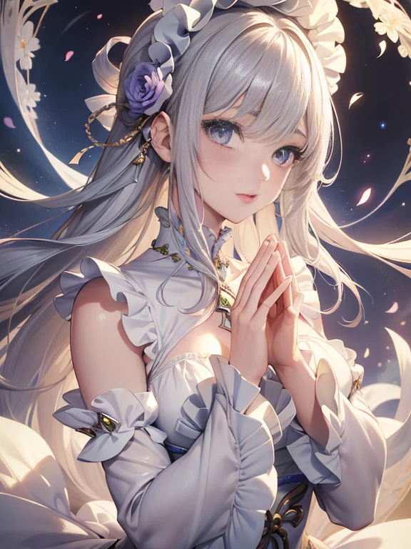 Official art, ヨーロッパの​masterpiece女性,, pale silver hair , purple and green odd eyes, (​masterpiece、top-quality、hight resolution: 1.4),in 8K, Anime Art Nouveau, highly detailed exquisite fanart, anime fantasy illustration, clean detailed anime art, detailed anime art, sharp focus of a person, Delicate Beautiful Hair and Eyes and Face, realisitic, ultra-detailliert, Flower Garden,((Delicate, delicate and cute hands)),((elegant shiny dress)),((Lots of races)),((lots of ruffles)),((lots of ribbons))，super close up