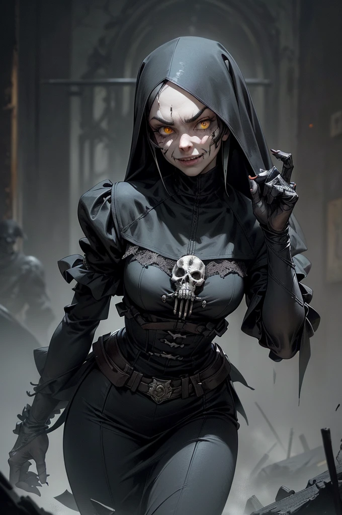 The Punisher, Nightmare before Christmas style, (masterpiece, best quality), (perfect hands), (hyper-realistic:1.6), (detailed face), (award-winning), (sharp), (8k resolution), (cinematic lighting), colors: dark and gloomy, (haunting), (intense expression), (detailed skull emblem), (eerie atmosphere), (comic book vibe),(gritty), (dramatic shadows), (dynamic pose), (ominous vibe), (artistically rendered), (sinister), (captivating), (gothic), (mysterious settinoody color palette), (expertly painted), (uneasy feeling), (intricate detailing), (sinister smile), (foreboding), (captivating eyes), (horror elements), (captivating composition), (impressive ),(striking contrast), (foreboding mood), (exquisite craftsmanship), (intriguing character design)