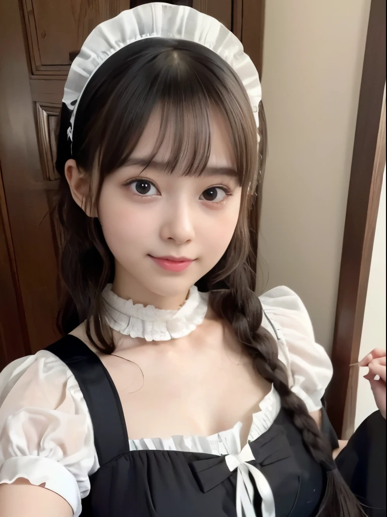 courtesy,looking down , (16k RAW photo:1.4),natural lighting,1girl,(beautiful Akihabara  maid is bowing deeply in front of an entrance door in black Gothic maid costume and headdress), perfect anatomy,(no makeup),((cute round face)),(smiling),((realistic)),highschool student, braid hair-up and straight bangs,bright pale skin,((baby face)),childish looks,no makeup,ultra cute, transparent eyes, adorable charm, elegance, Render in a realistic style with meticulous attention to detail, photorealistic, transparent air, (best quality, masterpiece, ultra detailed, ultra high res, photorealistic, raw photo, absurdres, absolutely resolution:1.3), photographed by professional photographers using the highest quality equipment