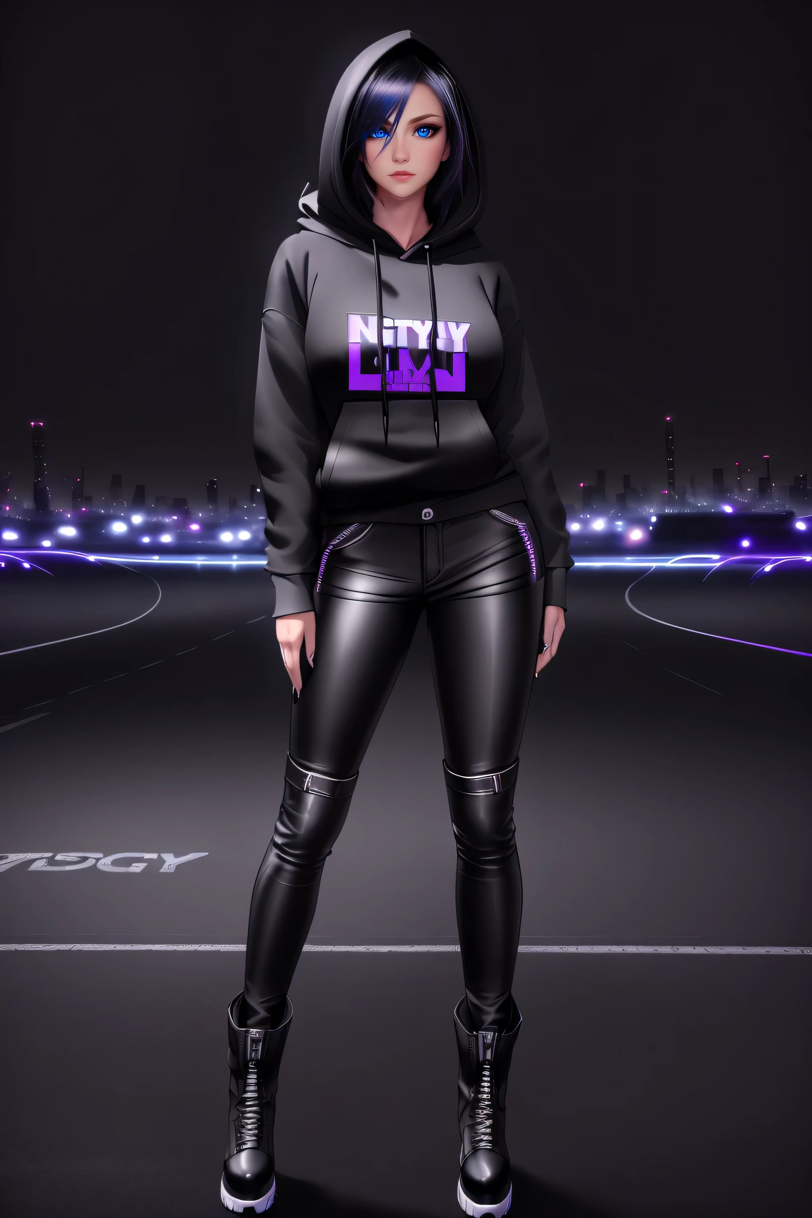 beautiful girl, ((standing:1.4)), (confident gaze:1.1), ((hoodie:1.4)), full body, short bright neon streaked black hair, ((realistic highly detailed eyes:1.4)), ((seductive pose:1.2)), black eyeshadow, (street style wear:1.2), ((tight fitted pants)), ((knee high leather boots)), (dark city night black background:1.8), dark makeup, digital art, trending on artstation, highly detailed, fine detail, intricate, detailed facial features, sharp focus, smooth, aesthetic,