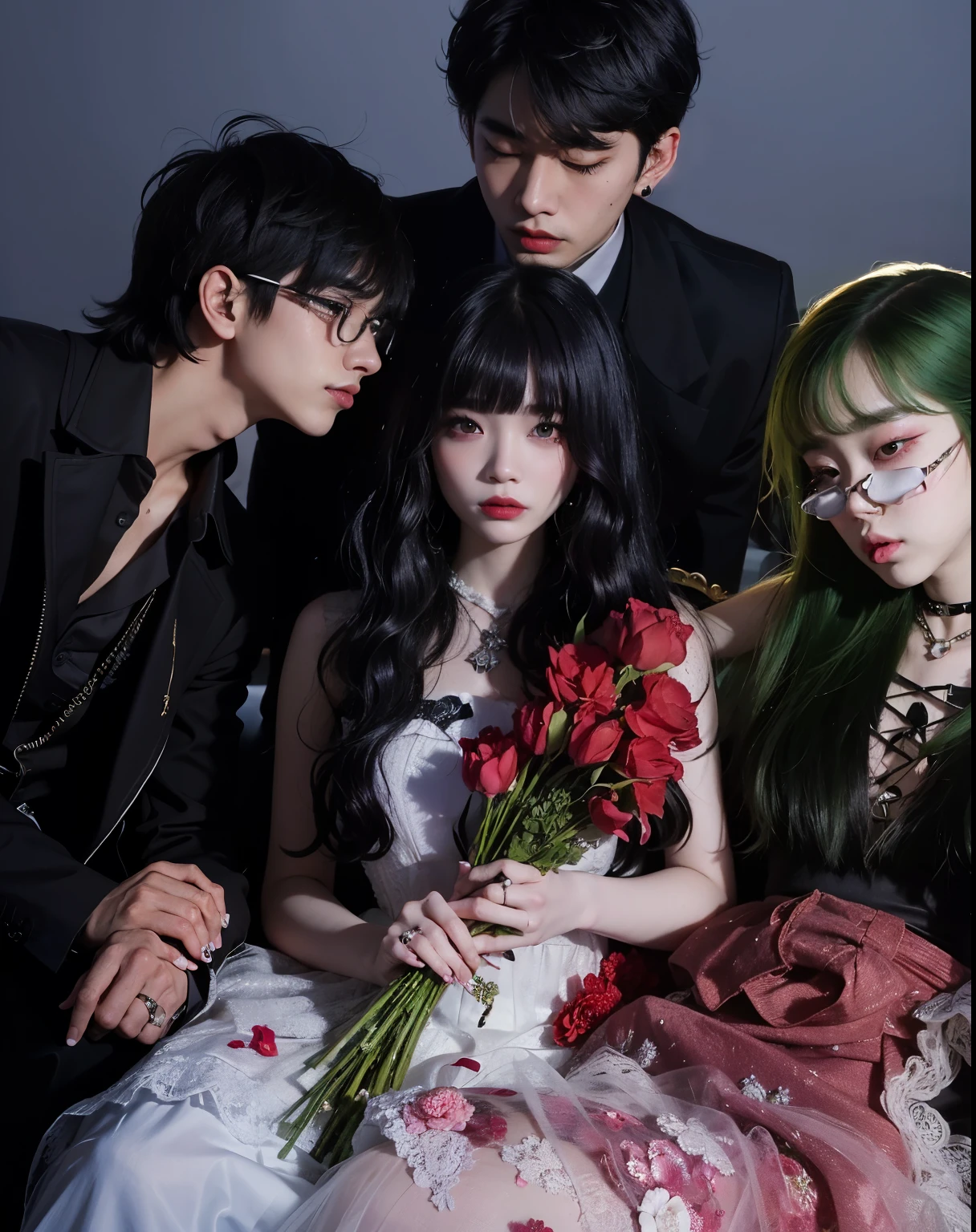 there are three people sitting next to each other with roses, ulzzang, gothic aesthetic, cruel korean goth girl, album art, gothic romance, goth aesthetic, pixivs and junji ito, gothic horror vibes, jinyoung shin, romantic lead, jinyoung shin aesthetic, darkwave goth aesthetic, japanese gothic, dark romance, xianxia fantasy, gothic harts
