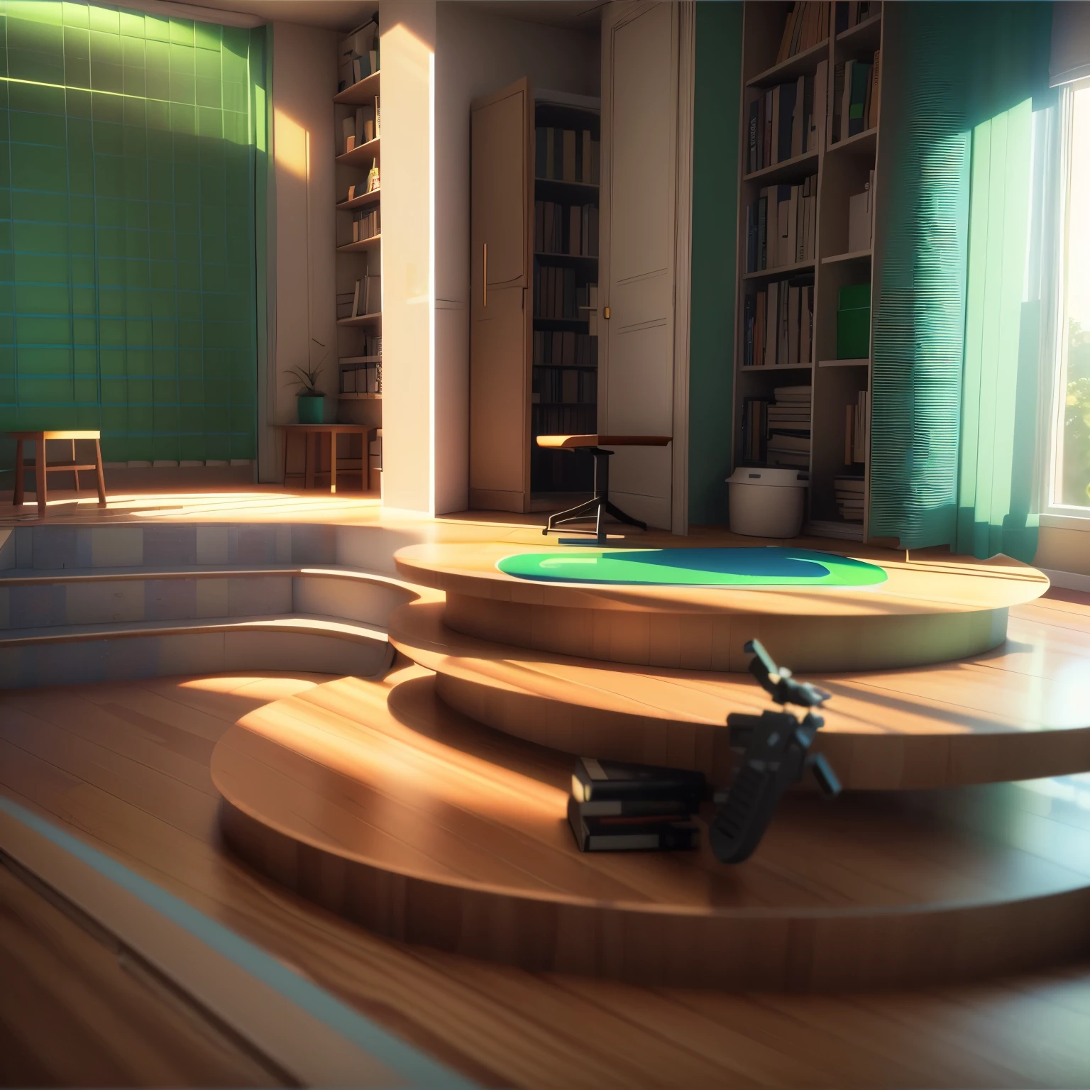 small library, book on the shelf ,there is a kid sitting on a green bench in a room, raytraced 3d set design, scene render, enscape render, 3 d concept render, 3d concept render, rendered in 3 dsmax, virtual metaverse room, final render, 3 d scene, 3d scene, finalrender, gaming room in 2 0 4 0, perspective 3 d octane render, window glass, sun