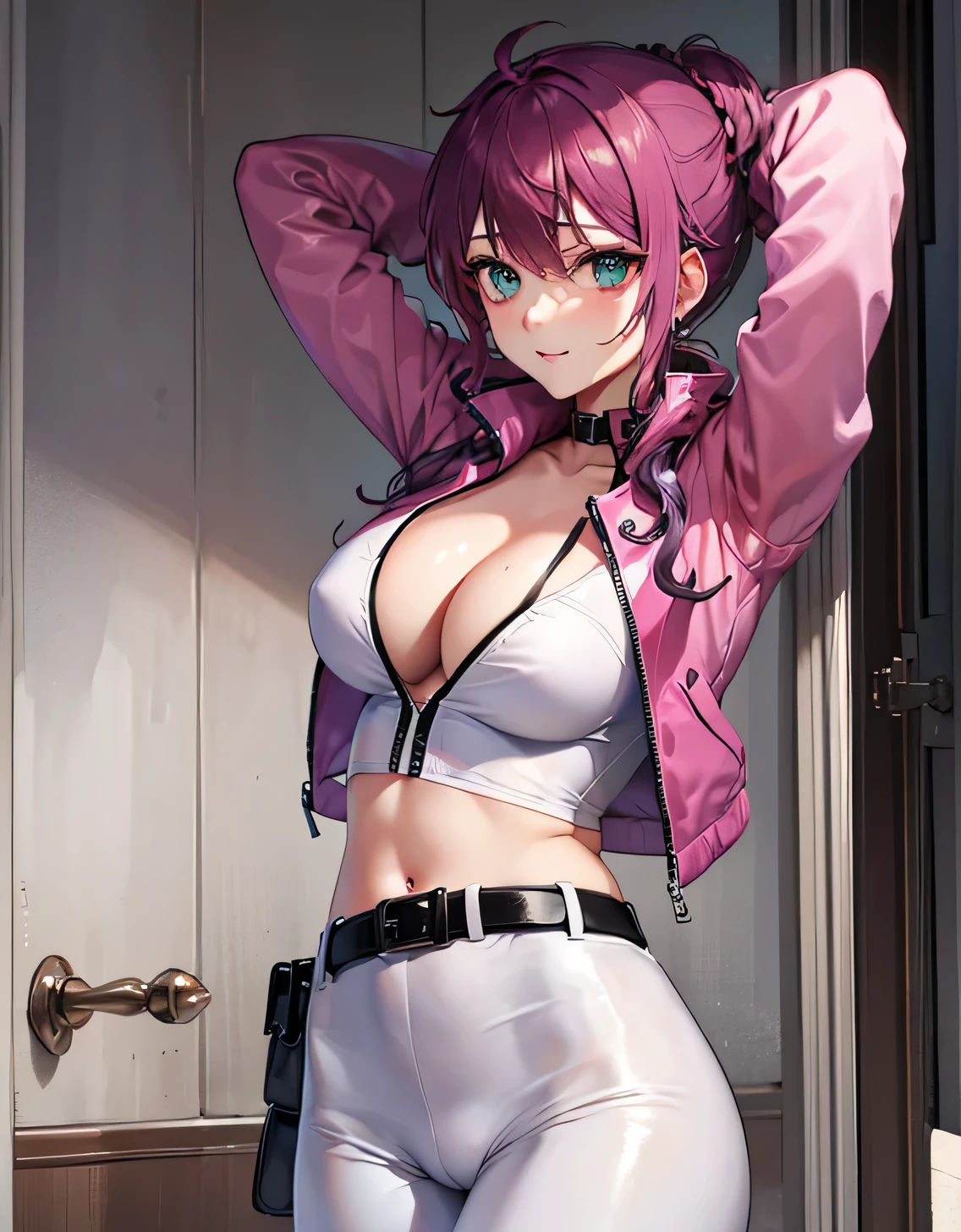 feldt grace, felt uniform, Long hair, Cropped jacket, Pink jacket, White pants, Belt bag,(Large breasts:1.5),Looking at Viewer,(((masutepiece))),((Best Quality)),Perfect Anatomy,8K UHD,extra detailed face,gloss and shiny,((1girl in)),((Solo)),(Beautiful detailed eyes:1.5),image perfect,(Upper body:1.1),(Look at the front:1.1),Arms behind,Slim waist,Shiny hair,Standing,lightsmile,indoor hall,