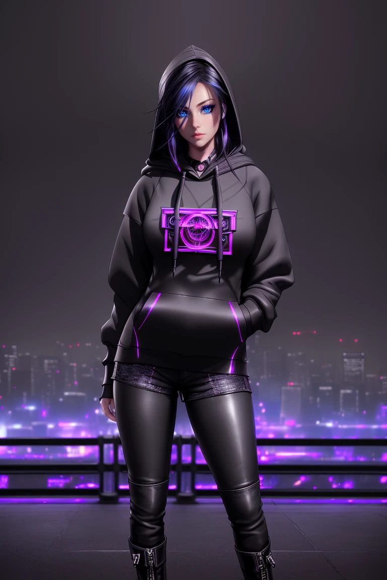 beautiful girl, ((standing:1.4)), (confident gaze:1.1), ((hoodie:1.4)), bright neon streaked black hair, ((realistic highly detailed eyes:1.4)), ((seductive pose:1.2)), black eyeshadow, (street style wear:1.2), ((tight fitted pants)), ((knee high leather boots)), (dark city night black background:1.8), dark makeup, digital art, trending on artstation, highly detailed, fine detail, intricate, detailed facial features, sharp focus, smooth, aesthetic,