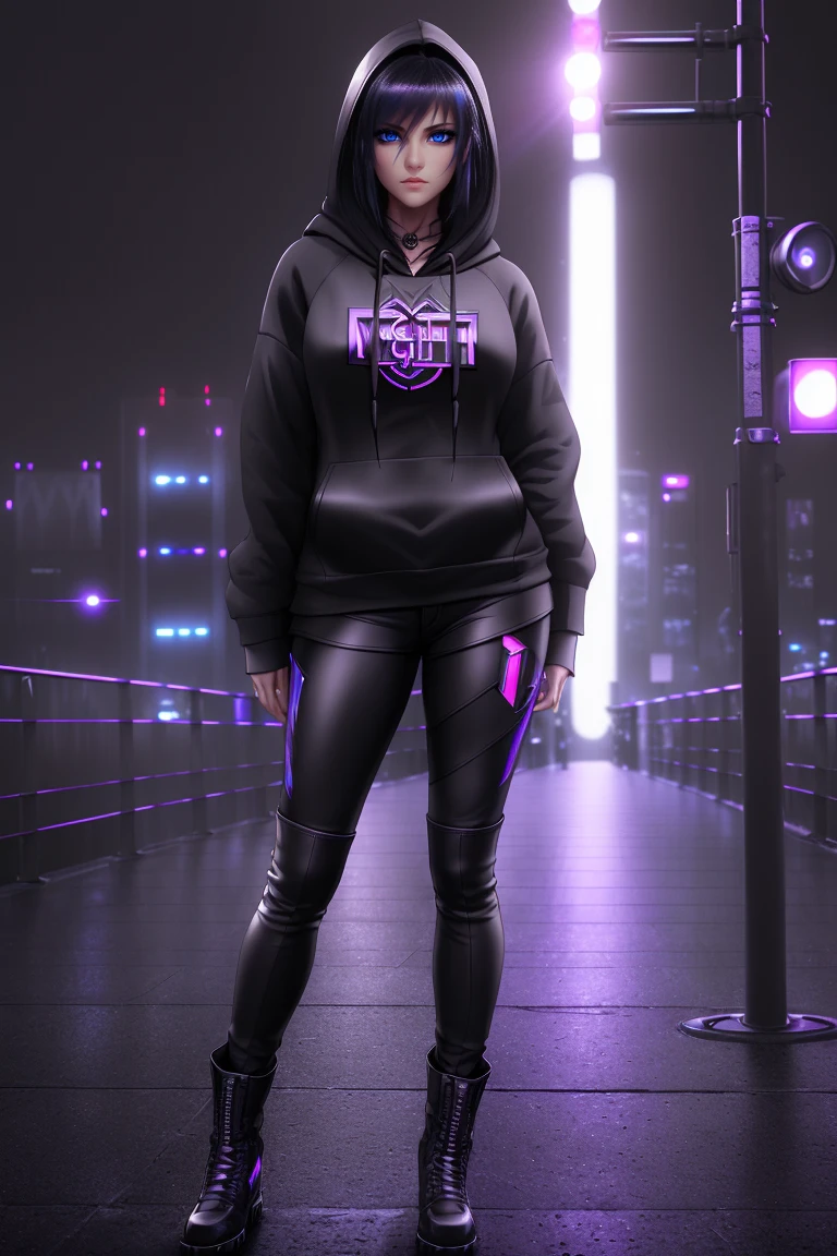 beautiful girl, ((standing:1.4)), (confident gaze:1.1), ((hoodie:1.4)), bright neon streaked black hair, ((realistic highly detailed eyes:1.4)), ((seductive pose:1.2)), black eyeshadow, (street style wear:1.2), ((tight fitted pants)), ((knee high leather boots)), (dark city night black background:1.8), dark makeup, digital art, trending on artstation, highly detailed, fine detail, intricate, detailed facial features, sharp focus, smooth, aesthetic,