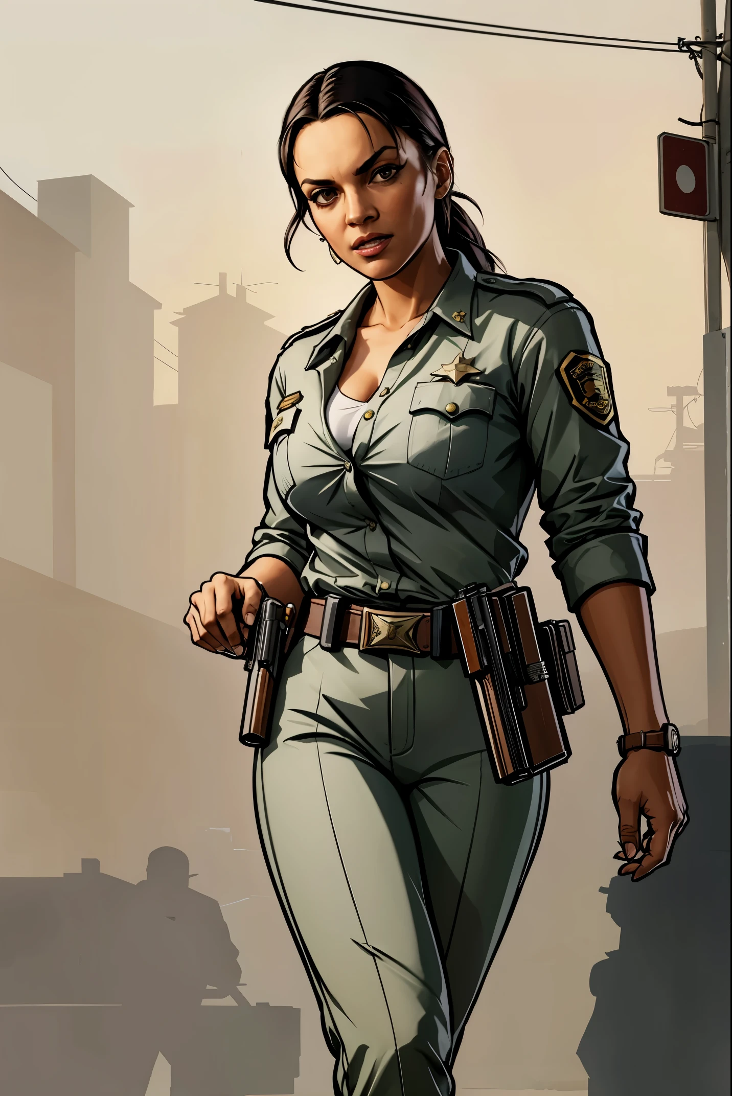 A 4k picture of a busty female rural sheriff, running with a pistol, hard color shading, warm tone, 2D gta artstyle, masterpiece, best quality