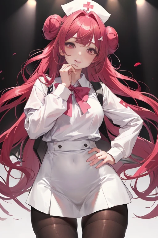 tmasterpiece、Need、1 female student、White cloth bun bun bun、Shoulder leakage、The chest is large、chubbiness、ssmile、Black suspender tights、lace leggings、pale pink lip、posing at school，（drenched all over the body），legs are open， 独奏, White polo shirt, looking at viewert,  (Thigh thick:1.0),Yazawa Nico,red eyes, face flushed,Blunt hair,both hands on hip，greet，Flower headdress，Nurse's uniform