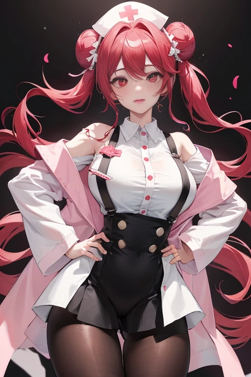 tmasterpiece、Need、1 female student、White cloth bun bun bun、Shoulder leakage、The chest is large、chubbiness、ssmile、Black suspender tights、lace leggings、pale pink lip、posing at school,(drenched all over the body),legs are open, 独奏, White polo shirt, looking at viewert, (Thigh thick:1.0),Yazawa Nico,red eyes, face flushed,Blunt hair,both hands on hip,greet,Flower headdress,Nurse's uniform