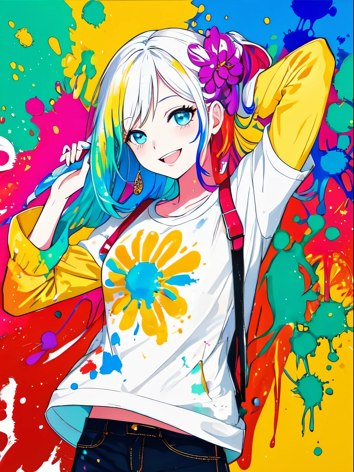 A bright and sparkling girl, Smile, Happy, Attractive, Cool, Fashionable, Beautiful, masutepiece, Best Quality, Rich color background, Attractive background, Colorful background, splashed color, Splash paint