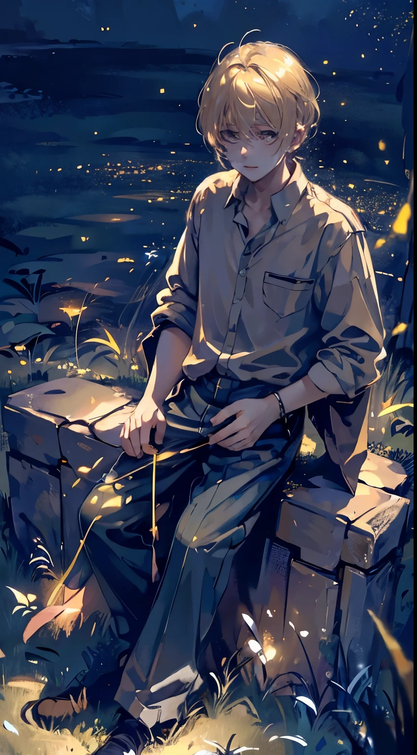 A young guy with blond hair in a loose shirt and trousers sits in the grass looking at the sky, A slight smile, Fireflies, Shining stars, night  sky, detailing, 4k, hd,