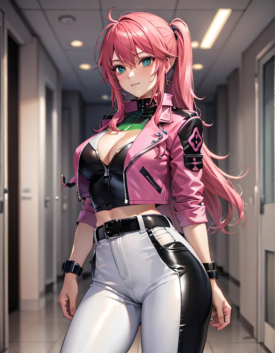 feldt grace, felt uniform, Long hair, Cropped jacket, Pink jacket, White pants, Belt bag,(Large breasts:1.5),Looking at Viewer,(((masutepiece))),((Best Quality)),Perfect Anatomy,8K UHD,extra detailed face,gloss and shiny,((1girl in)),((Solo)),(Beautiful detailed eyes:1.5),image perfect,(Upper body:1.1),(Look at the front:1.1),Arms behind,Slim waist,Shiny hair,Standing,lightsmile,indoor hall,