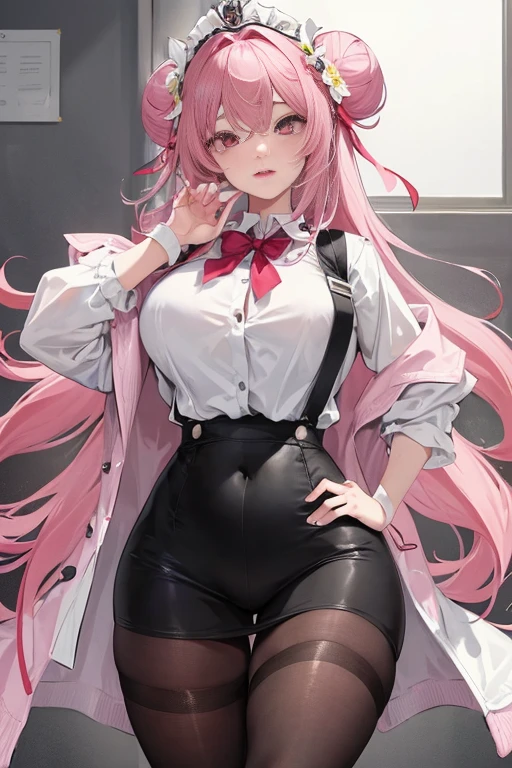 masterpiece、The best、1 female student、White cloth bun bun bun、Shoulder leakage、big breasts、chubby、Smile、Black suspenders、lace leggings、light pink lips、posing at school，（Soaked all over），legs are open， solo, White polo shirt, looking at the audience,  (Thick thighs:1.0),Yazawa Nico,red eyes, Blushed,Blunt hair,hands on hips，greet，Flower headdress，Large scissors
