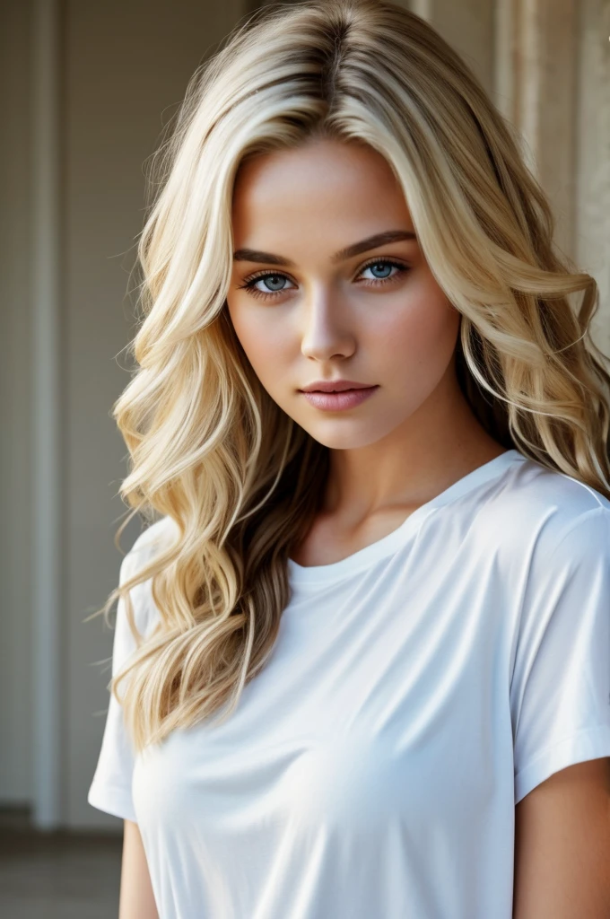 1girl in, age16, Solo, Long wavy hair, small tits, long messy windy blonde hair, looking at camera, o-face, blonde hair, jewelry, Full body, (extremely detailed 8k wallpaper), soft lighting, high quality, film grain, Fujifilm XT3 sharp focus, f 5.6, 50mm, High Detail, Sharp focus,(natural light), (seductive), revealing, Realistic, sexy, tight white t-shirt