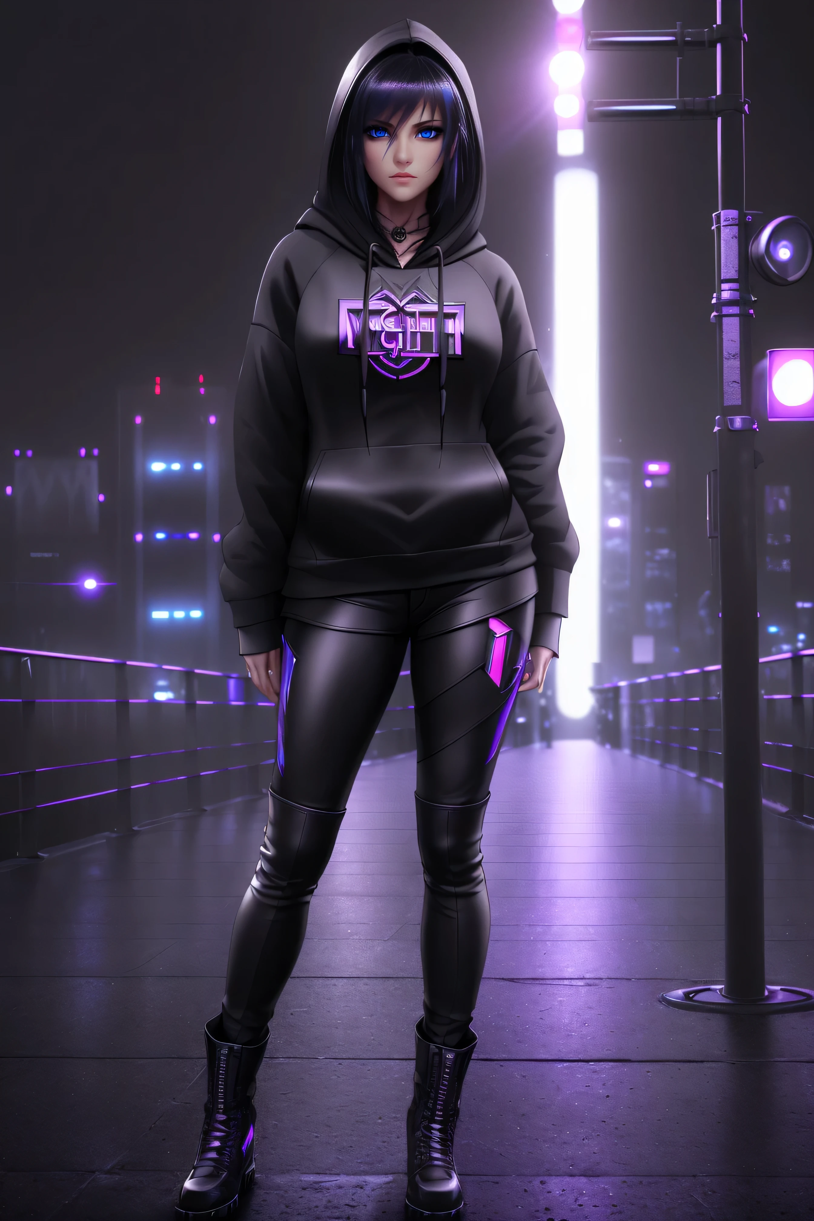 beautiful girl, ((standing:1.4)), (confident gaze:1.1), ((hoodie:1.4)), bright neon streaked black hair, ((realistic highly detailed eyes:1.4)), ((seductive pose:1.2)), black eyeshadow, (street style wear:1.2), ((tight fitted pants)), ((knee high leather boots)), (dark city night black background:1.8), dark makeup, digital art, trending on artstation, highly detailed, fine detail, intricate, detailed facial features, sharp focus, smooth, aesthetic,