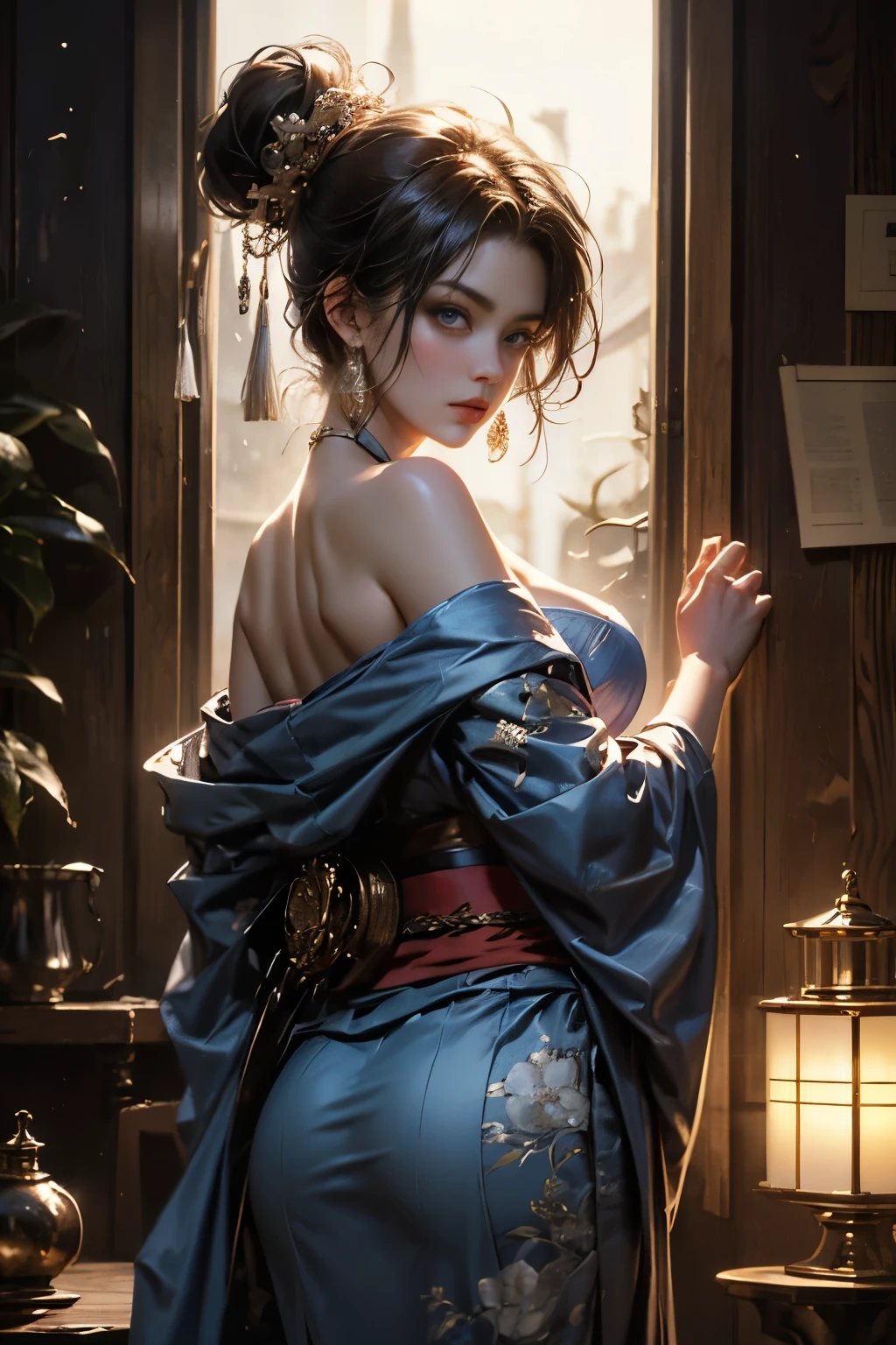 (Photoreal Stick:1.4, masutepiece:1..3, 8K), top-quality, masterpiece, 超A high resolution, Perfect dynamic composition, Professional camera work, Grow Light Effect, Mystical portrait, Cinematic Light, Highly detailed skin and facial texture:1.3, The ultra-detailliert, A detailed eye, (Shining metal objects floating in the air and surrounding her.:1.2), (myterious:1.3, Fanciful:1.2, tradition:1.2, majestueux:1.2), 1girl in, 25-years old, cute sexy slim female god, Fair skin, (Enraptured look:0.9, Totally captivates you:1.0), (silver japanese kimono:1.3 off shoulder), (voluptuous breasts:0.9), (Backshots, Calm pose), (Beautiful blue eyes, Eyes that feel beautiful eros:0.85), Sexy face:0.4, (A mouthfeel that feels beautiful eros:0.85), ((Too cute beauty:0.9))