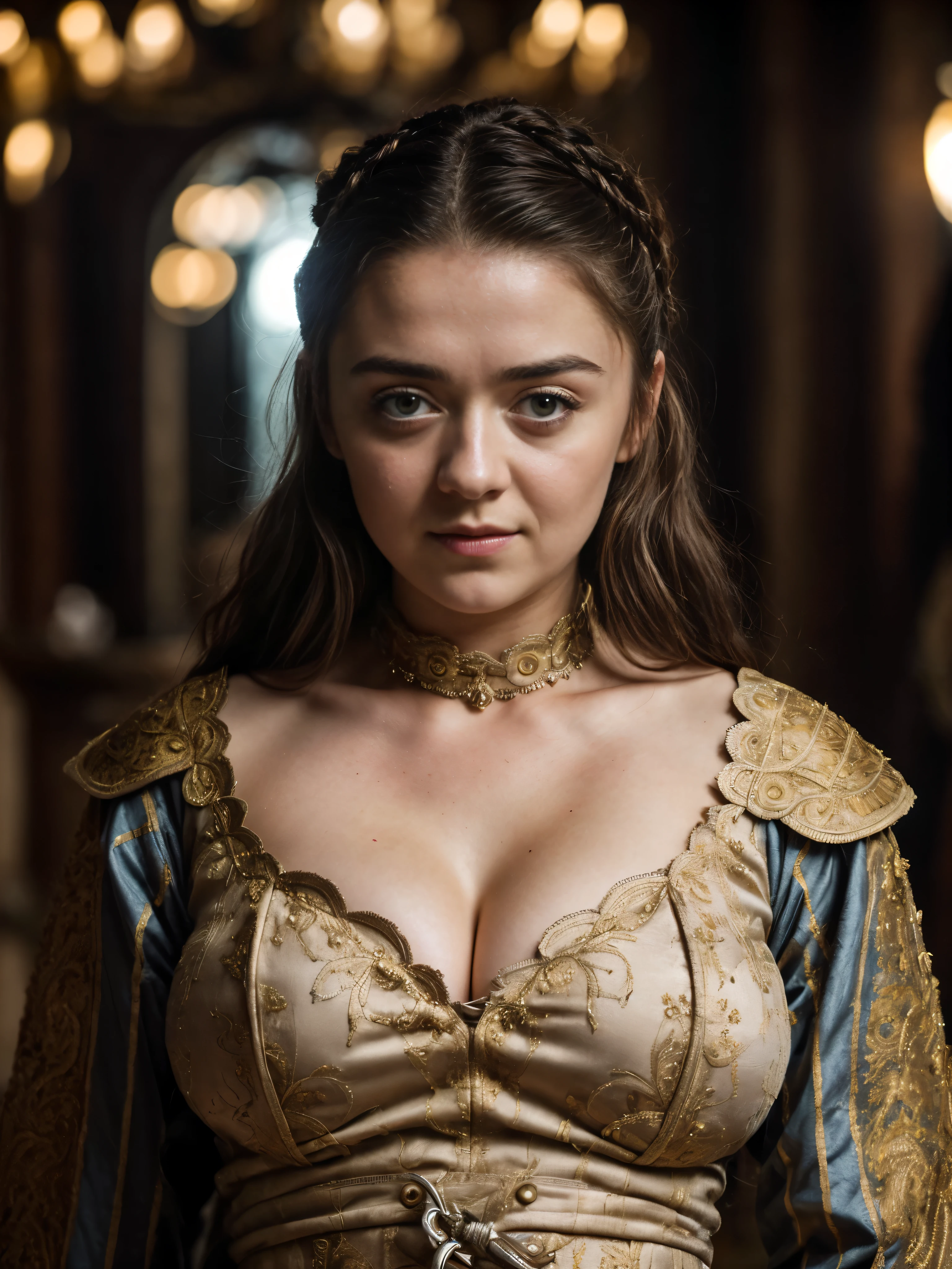 Foto RAW, Arya Stark, Extremely gorgeous lady, Arya Stark PLAYED BY MAISIE WILLIAMS, Queen Arya Stark, she  a mature woman now, milf, sexy mediaeval battle dress, gladiator woman, body, 40 years old Woman, body revealing costumes, perky breast, skin pores, big natural breast, erotic costumes, lusty physique, seductive figure can capture every people's attention, Game of thrones costumes, revealing captivating figure, Mediaeval costumes, revealing clothes, A tomboy, she would rather fence than dance, warrior queen , game of thrones screen caps, Game of Thrones Series, (pele altamente detalhada: 1.2), 8k UHD, DSLR, soft-lighting, alta qualidade, grain of film, Fujifilm XT3, flawless picture, highly detailed, detailed Beauty, intricate, 32k, sharp picture,