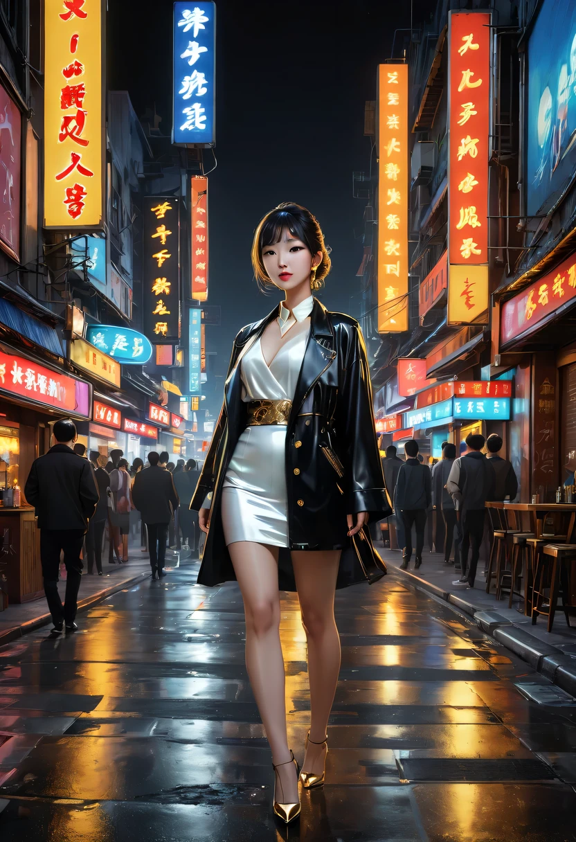 Sateen，city night scene, 现代city night scene，Vibrant neon lights, Bustling streets, Lively nightlife, KTV, Lively bar, Colorful graffiti, Luminous billboard,戴着金耳环的Sateen中女孩的金色纹身, Vray tracking style, At that time Martin, Yumei, Inverted, close up, Dark white and gold, speedpainting, tmasterpiece, Best quality,