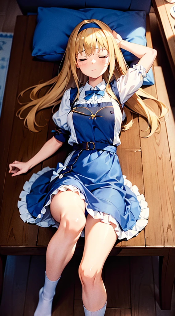 anime styled, High definition illustration, Perfect drawing, Draw anatomically correctly, alice in the wonderland, Beautiful blonde girl lying on the table at a tea party, ((seminude:1.5)), A short, light blue dress with a simple design and frills., Layering a white apron,The girl is sleeping with her eyes closed with a happy expression, The girl's apron and skirt are turned up and her panties are visible., sleep peacefully,((morpheus:1.5)), He is breathing peacefully with his mouth slightly open.,Close your eyes, Headband with light blue ribbon with white border, The skirt of the dress is rolled up along with the apron, revealing the panties., Legs spread cutely and defenselessly, Innocent sleeping face, White knee-high socks that reach above the knee, Breast bulge,The protrusions of her nipples are slightly visible through her clothes.