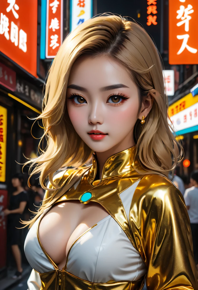 Sateen，city night scene, 现代city night scene，Vibrant neon lights, Bustling streets, Lively nightlife, KTV, Lively bar, Colorful graffiti, Luminous billboard,戴着金耳环的Sateen中女孩的金色纹身, Vray tracking style, At that time Martin, Yumei, Inverted, close up, Dark white and gold, speedpainting, tmasterpiece, Best quality,