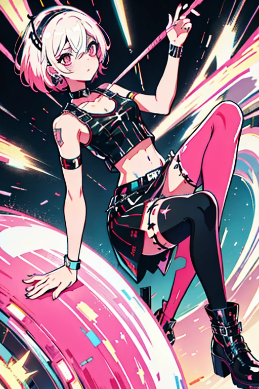 2 phut hon dance of tiktok, Blunt bangs, zombie girl, close up shot of hip, high-quality, full body shot, wearing sneaker, wearing pink short skirt, Double hair buns, Close set eyes, black hair, neon light, back shot, looking back, looking at the camera, low angle, Decisive pose