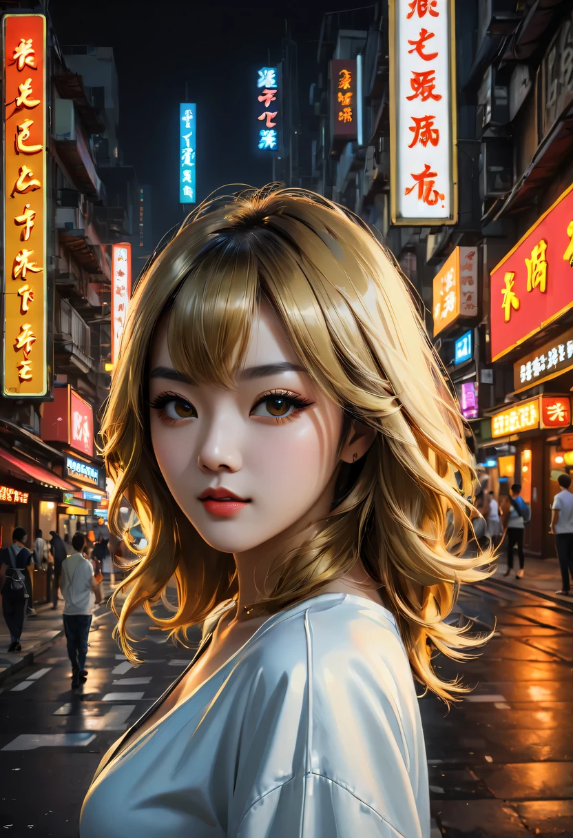 Sateen,city night scene, 现代city night scene,Vibrant neon lights, Bustling streets, Lively nightlife, KTV, Lively bar, Colorful graffiti, Luminous billboard,戴着金耳环的Sateen中女孩的金色纹身, Vray tracking style, At that time Martin, Yumei, Inverted, close up, Dark white and gold, speedpainting, tmasterpiece, Best quality,