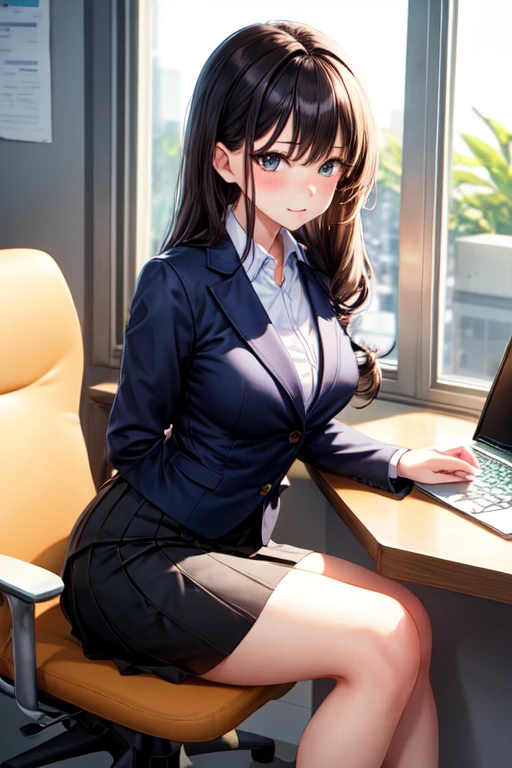 1lady solo, sitting, (from above), office worker, ((blue vest) over white dress shirt), mature female, /(dark brown hair/), kind smile, (masterpiece best quality:1.2) delicate illustration ultra-detailed, large breasts,bowtie BREAK (modern office) indoors, (reception desk), entrance, detailed background