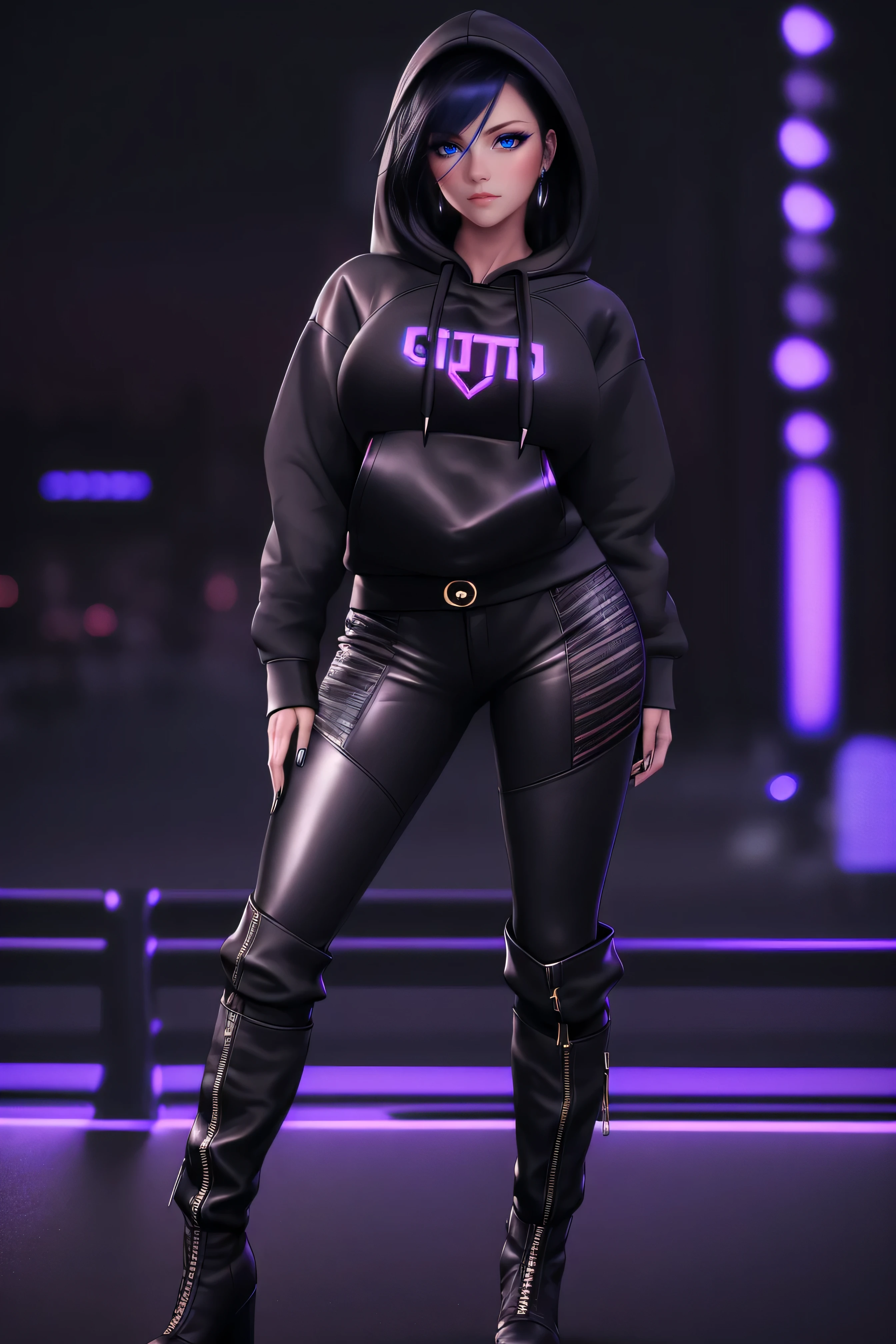 beautiful girl, ((standing:1.4)), (confident gaze:1.1), ((hoodie:1.4)), bright neon streaked black hair, ((realistic highly detailed eyes:1.4)), ((seductive pose:1.2)), large breasts, black eyeshadow, (street style wear:1.2), ((tight fitted pants)), ((knee high leather boots)), (dark city night black background:1.8), dark makeup, digital art, trending on artstation, highly detailed, fine detail, intricate, detailed facial features, sharp focus, smooth, aesthetic,
