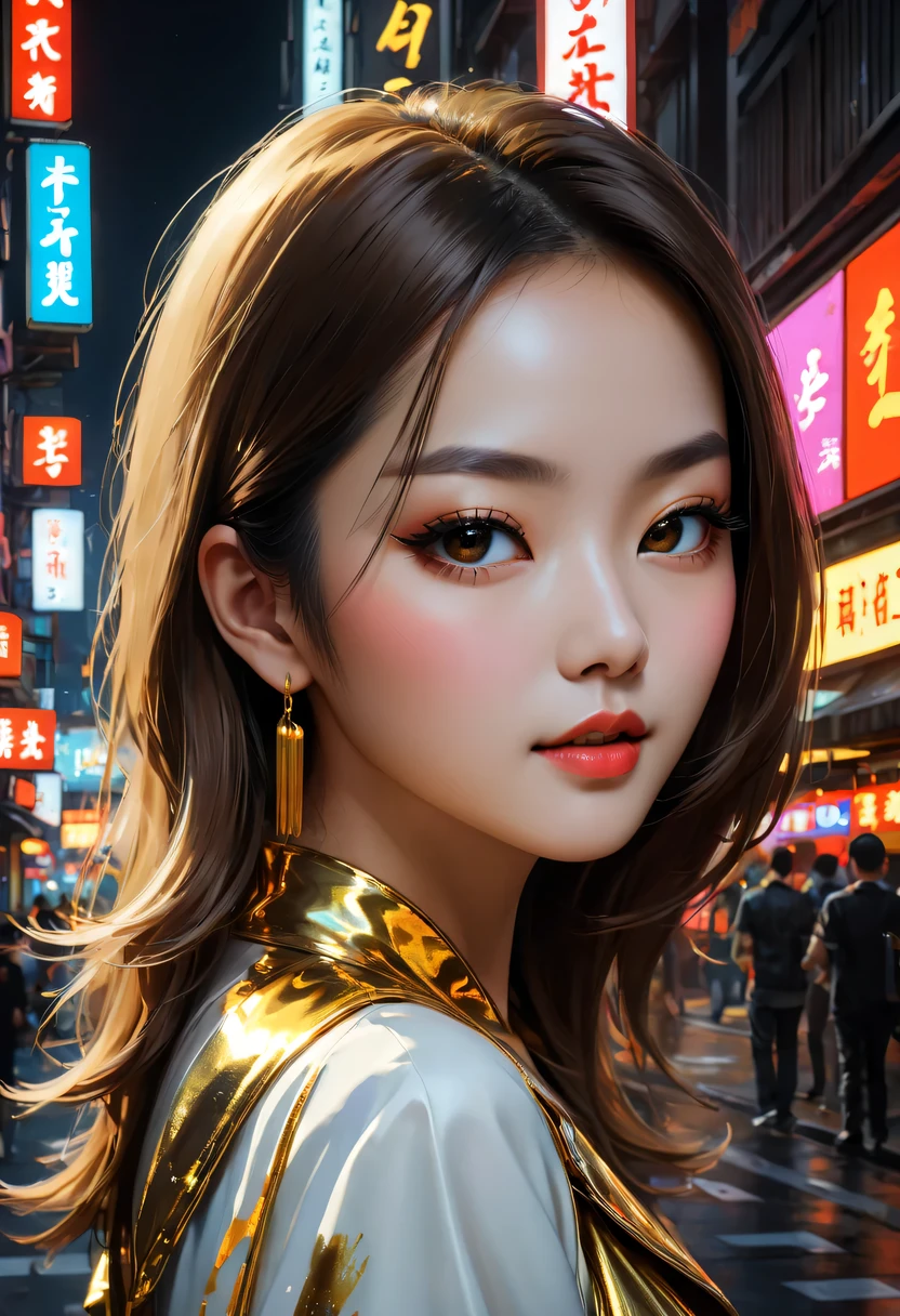 Sateen，city night scene, 现代city night scene，Vibrant neon lights, Bustling streets, Lively nightlife, KTV, Lively bar, Colorful graffiti, Luminous billboard,戴着金耳环的Sateen中女孩的金色纹身, Vray tracking style, At that time Martin, Yumei, Inverted, close up, Dark white and gold, speedpainting, tmasterpiece, Best quality,