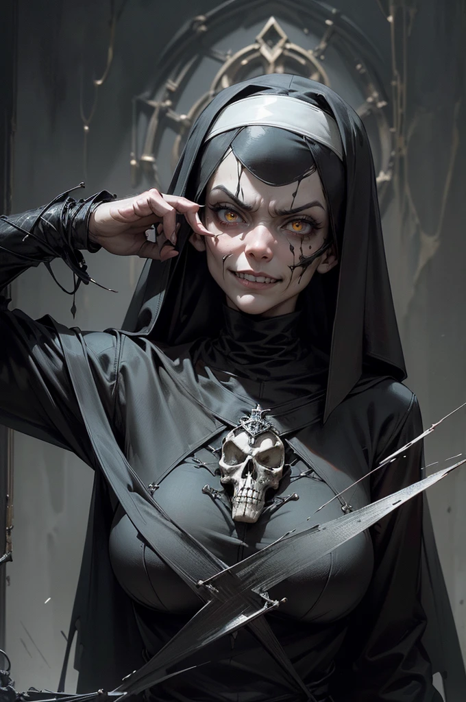 A masterpiece, giger style surrealistic, ethereal painting of a goddess of death, her face shrouded in a veil of shadows, head painted like a skull skeleton, death, black flowers, Mexican style, full body, fantasy, elegant, highly detailed, digital painting, artstation, concept art, smooth, sharp focus, 4K, photography, photorealistic, detailed illustration cute digital painting, soft lighting, isometric style, retro aesthetic, 4K resolution, photorealistic rendering, snakes, yellow accents , red lips
