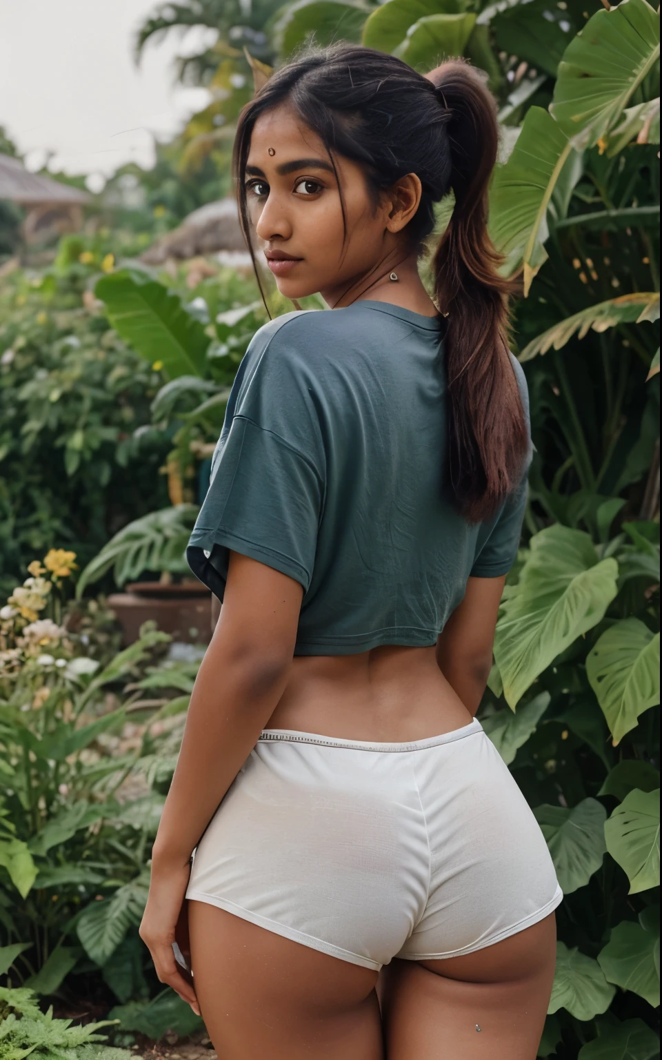 Instagram model, Indian girl, short ponytail hairs , front facing, in tight stretching dolphin shorts, wearing long baggy oversized t-shirt, looking back , petite, day time , petite body , thigh gap, dusty quality , in garden , Realistic , (wide hips),( thigh gap), posing , butt cheeks visible