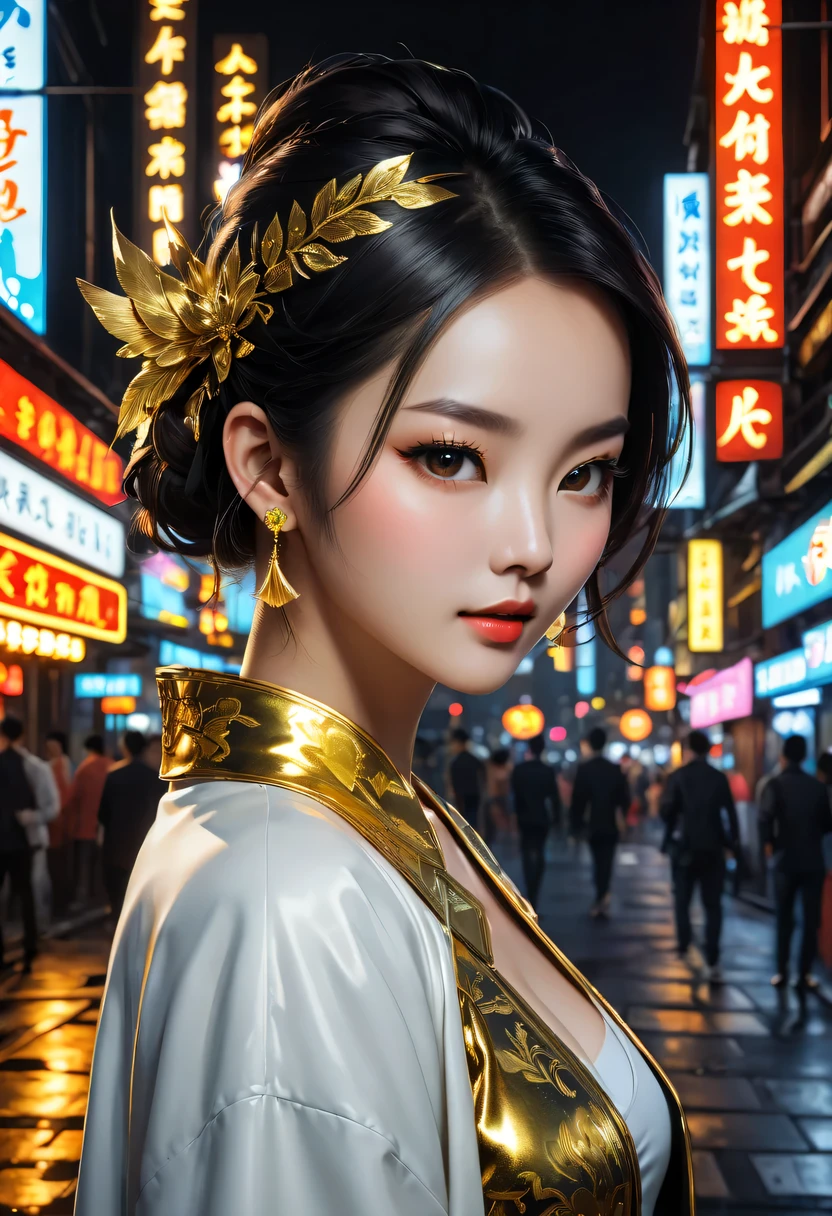 Sateen,city night scene, 现代city night scene,Vibrant neon lights, Bustling streets, Lively nightlife, KTV, Lively bar, Colorful graffiti, Luminous billboard,戴着金耳环的Sateen中女孩的金色纹身, Vray tracking style, At that time Martin, Yumei, Inverted, close up, Dark white and gold, speedpainting, tmasterpiece, Best quality,detailedbackground,