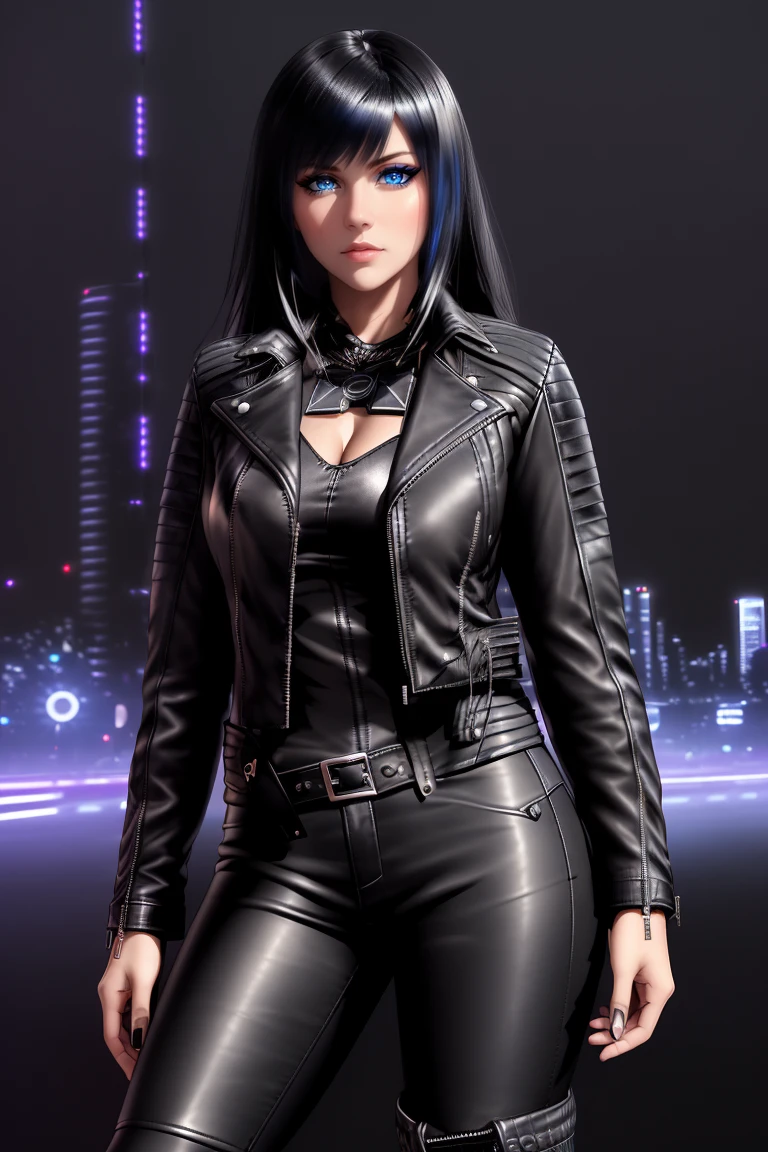 beautiful girl, ((standing:1.4)), (confident gaze:1.1), ((leather jacket:1.4)), bright neon streaked black hair, ((realistic highly detailed eyes:1.4)), ((seductive pose:1.2)), large breasts, black eyeshadow, (street style wear:1.2), ((tight fitted pants)), ((knee high leather boots)), (dark city night black background:1.8), dark makeup, digital art, trending on artstation, highly detailed, fine detail, intricate, detailed facial features, sharp focus, smooth, aesthetic,
