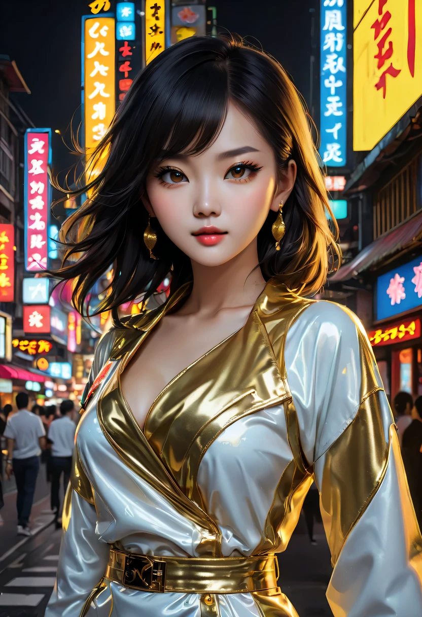 Sateen,city night scene, 现代city night scene,Vibrant neon lights, Bustling streets, Lively nightlife, KTV, Lively bar, Colorful graffiti, Luminous billboard,戴着金耳环的Sateen中女孩的金色纹身, Vray tracking style, At that time Martin, Yumei, Inverted, close up, Dark white and gold, speedpainting, tmasterpiece, Best quality,detailedbackground,