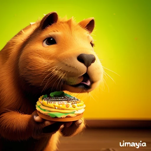 Create the image of a cute capybara, celebrating a birthday, with a party hat and a birthday cake with candles, in the Pixar Studios style