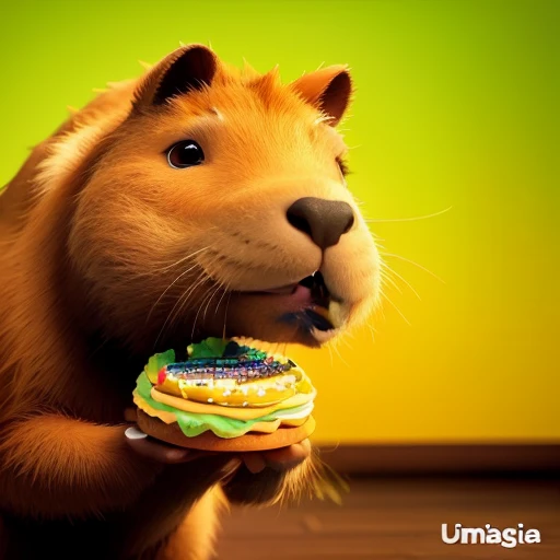 Create the image of a cute capybara, celebrating a birthday, with a party hat and a birthday cake with candles, in the Pixar Studios style