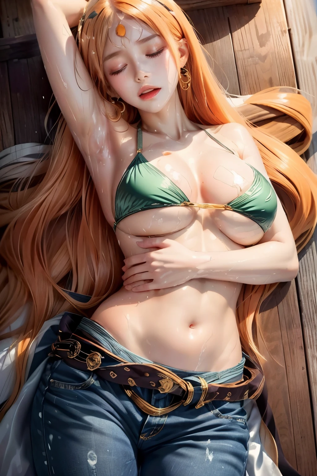 ship deck detailed background, top view shot, masterpiece, 4k, epic, best quality, late youth, , milf, athlete body, 1girl, ((wide open mouth, on deck floor, passed out, completely lying down, lying down on her back, knocked out, closed eyes, left hand straight left, right hand straight right)) , solo, nami \(one piece\), 1girl, bangle, (very wet, drenched in sweat, sweat all over body, very missy hair, tired, open mouth, exhausted, sweaty face, sweaty body, bruises, injury, feeling hot, sweating too much, shiny sweat, serious, hurt, glaring, closed eyes, looking up, perfect detailed face, round face, sweat on face) bold drawing lines, muscular arms, detailed bold arm lines, flat jaw,  woman, wavy wide streaked bangs, floating bang, (big cheekare shoulders, off-shoulders, belt, bikini, bikini top only, bracelet, springy breasts, breast lines, big round eyes, very big brown shiny eyes, bubbles, high eye position, cleavage, day, denim, earrings, floating hair, shiny hair, green belt, green bikini, bold groin lines, jeans, jewelry, medium breasts, log pose, long hair, looking at viewer, long navel, wet hair, orange hair, pants, shoulder tattoo, sidelocks, sky, solo, stomach, swimsuit, tattoo, detailed arms, big forehead, hourglass figure, small head, toned body, wide hair, wind effect, sun effect, under the sun, narrow small ears angle, older