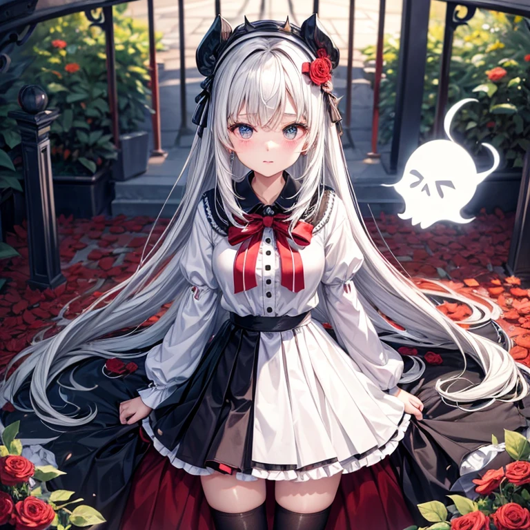 white jumper、a black skirt、Long、Red ribbons、kawaii、a beauty girl、one leg knee socks、Black socks、skull crown、ghosts、garden、is standing