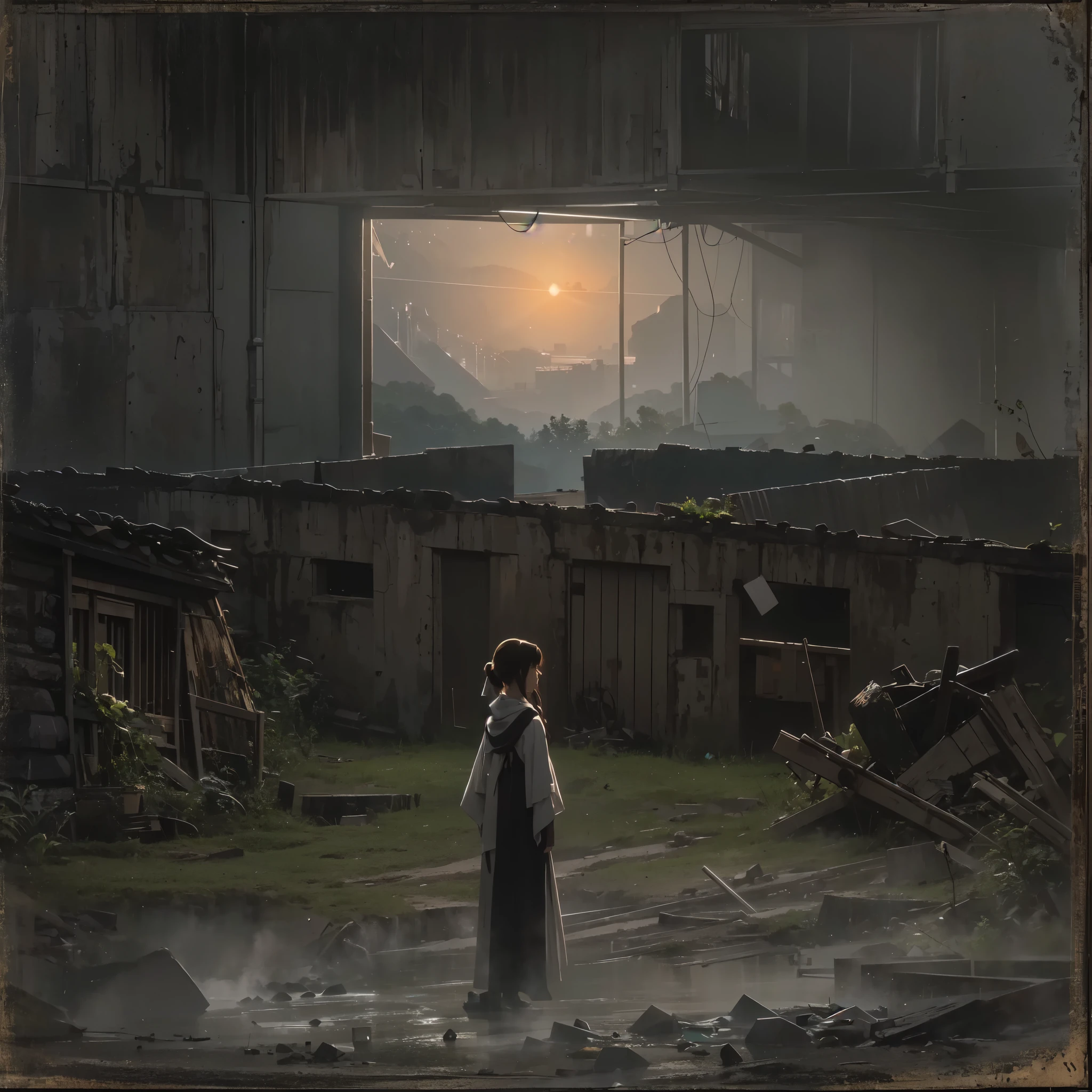 Base Layer: A chiaroscuro landscape where light and darkness battle, reminiscent of German Expressionist scenes, BREAK Middle Layer: A girl characterized by light, her features and attire radiating purity, stands opposite another girl enshrouded in shadows, BREAK Foreground Layer: Objects that symbolize conflict and duality, such as contrasting motifs and symbols, are scattered around them, BREAK Effect Layer: The play of light on one girl's face and the engulfing shadows on the other highlight their inner struggle, BREAK Final Touches: The scene is imbued with an atmospheric tension, with each element contributing to the narrative of light versus dark.