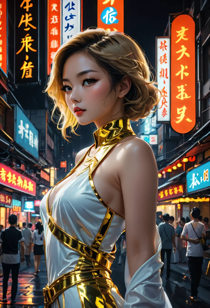Sateen,city night scene, 现代city night scene,Vibrant neon lights, Bustling streets, Lively nightlife, KTV, Lively bar, Colorful graffiti, Luminous billboard,戴着金耳环的Sateen中女孩的金色纹身, Vray tracking style, At that time Martin, Yumei, Inverted, close up, Dark white and gold, speedpainting, tmasterpiece, Best quality,