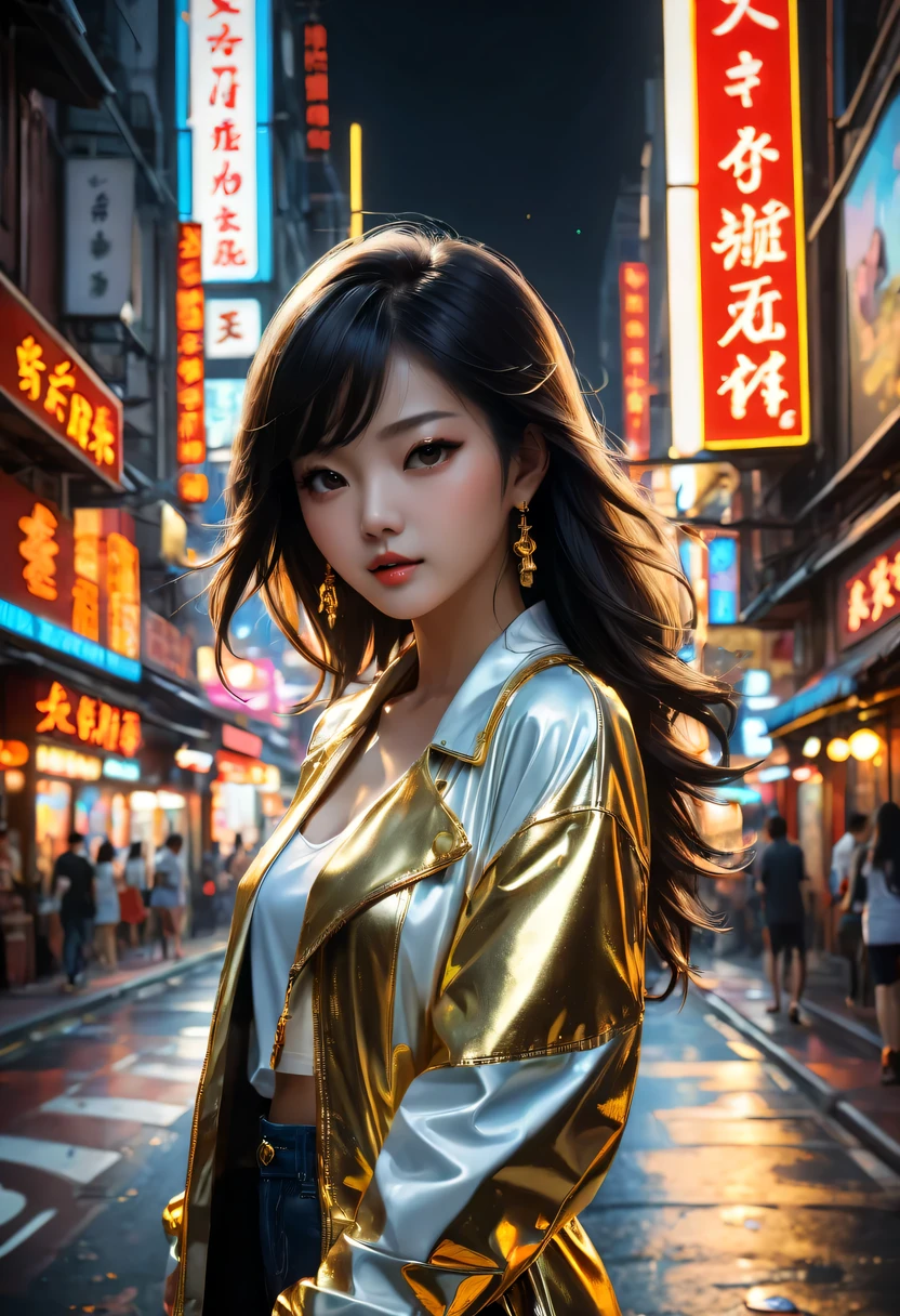 Sateen，city night scene, 现代city night scene，Vibrant neon lights, Bustling streets, Lively nightlife, KTV, Lively bar, Colorful graffiti, Luminous billboard,戴着金耳环的Sateen中女孩的金色纹身, Vray tracking style, At that time Martin, Yumei, Inverted, close up, Dark white and gold, speedpainting, tmasterpiece, Best quality at best,
