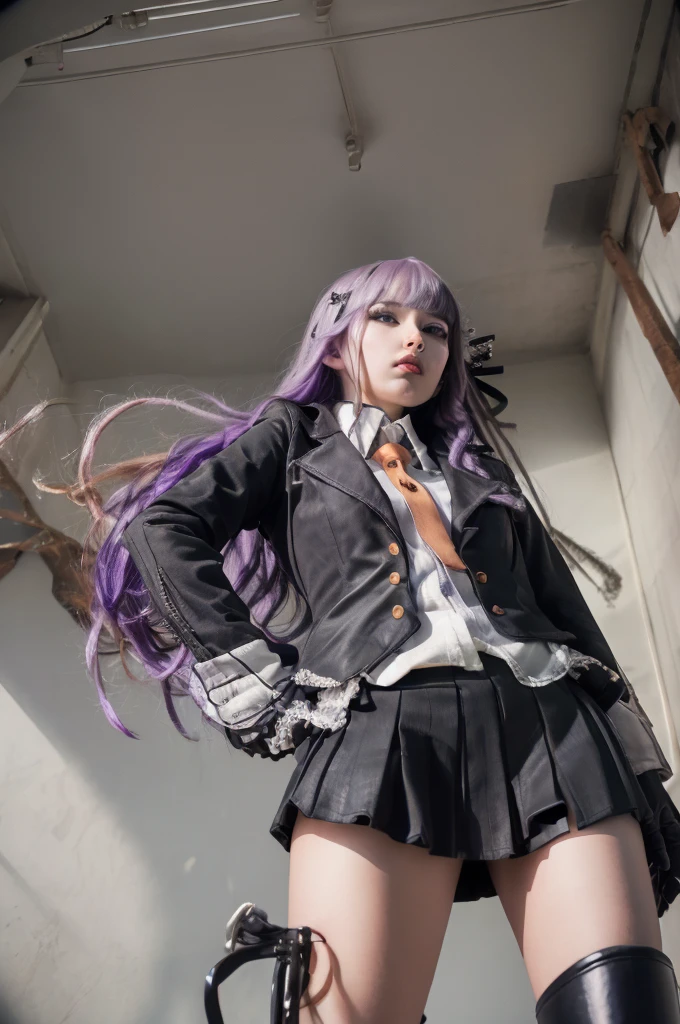 photo Realistic, masutepiece, Realistic, High contrast, hyper Detailed, Best Quality, 超A high resolution, photo Realistic, High resolution, Detailed, Raw photo, Kyoko Kirigiri, Long hair, Purple hair, Side braid, Blunt bangs, Hair Ribbon, a black ribbon, High collar, Brown tie, Black Motorcycle Jacket, Long sleeves, Black Gloves, Black mini skirt, Pleated skirt,(( Black long boots)), (((Full Shot))), Danganronpa \(Series\), Street, Full Shot, Looking at Viewer, White shirt, Woman, (((From below))), Busy city, foreshortening, (Pose Seductive), Looking at Viewer, mad, (eyecontact), japanaese girl,