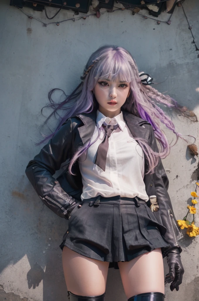 photo Realistic, masutepiece, Realistic, High contrast, hyper Detailed, Best Quality, 超A high resolution, photo Realistic, High resolution, Detailed, Raw photo, Kyoko Kirigiri, Long hair, Purple hair, Side braid, Blunt bangs, Hair Ribbon, a black ribbon, High collar, Brown tie, Black Motorcycle Jacket, Long sleeves, Black Gloves, Black mini skirt, Pleated skirt,(( Black long boots)), (((Full Shot))), Danganronpa \(Series\), Street, Full Shot, Looking at Viewer, White shirt, Woman, (((From below))), Busy city, foreshortening, (Pose Seductive), Looking at Viewer, mad, (eyecontact), japanaese girl,