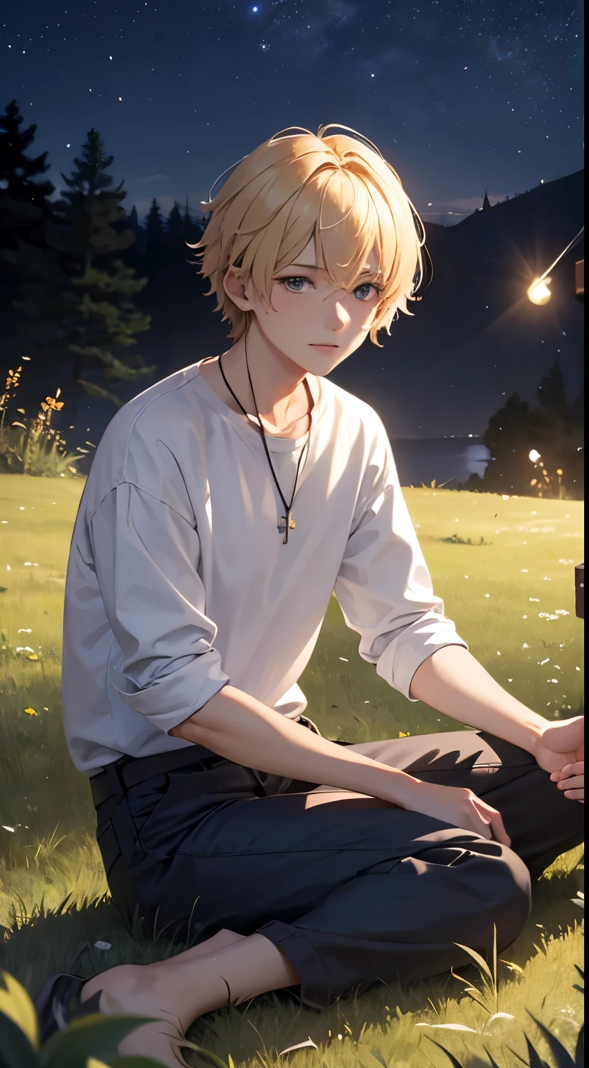A young guy with blond hair in a loose shirt and trousers sits cross-legged in the grass, head raised up;, A slight smile, Fireflies, Shining stars, night sky, detailing, 4k, hd, view from the grass, view from bottom