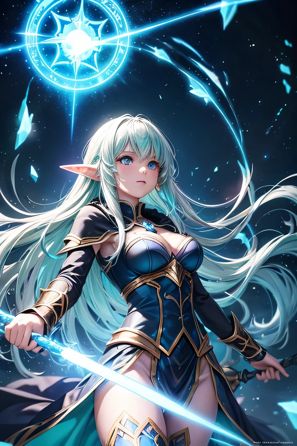 high quality fantasy anime photography, elven sorceress girl casting black energy streak with black light fragments, shooting enemy, emitting from glowing vertical magic circle in front of her magic staff