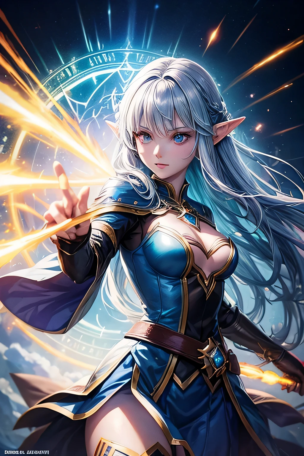 high quality fantasy anime photography, elven sorceress girl casting black energy streak with black light fragments, shooting enemy, emitting from glowing vertical magic circle in front of her magic staff