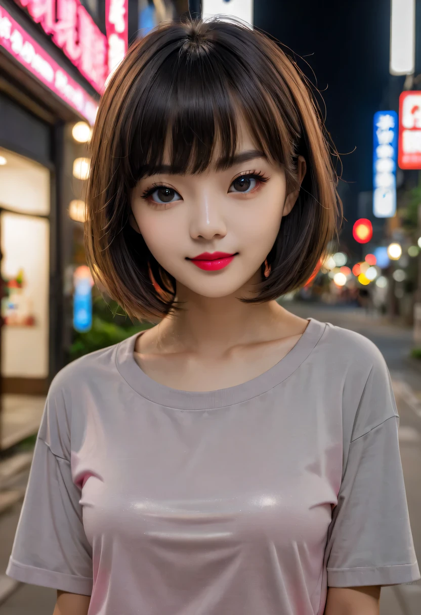 Face focus, sporty attire, glowingblackeyes, feminine style, one-girl, asymmetrical through bangs, through bangs, black hair color hair, the goodid, the good, Camera gaze, ssmile, natta, 城市, bob hair, Hazen, Redlip, The shirt, Alone, Eternal, the goodid, upper part of body, scantily clad, pink scantily clad, Perfect body line, The beautiful kubire, The beautiful, naghty face